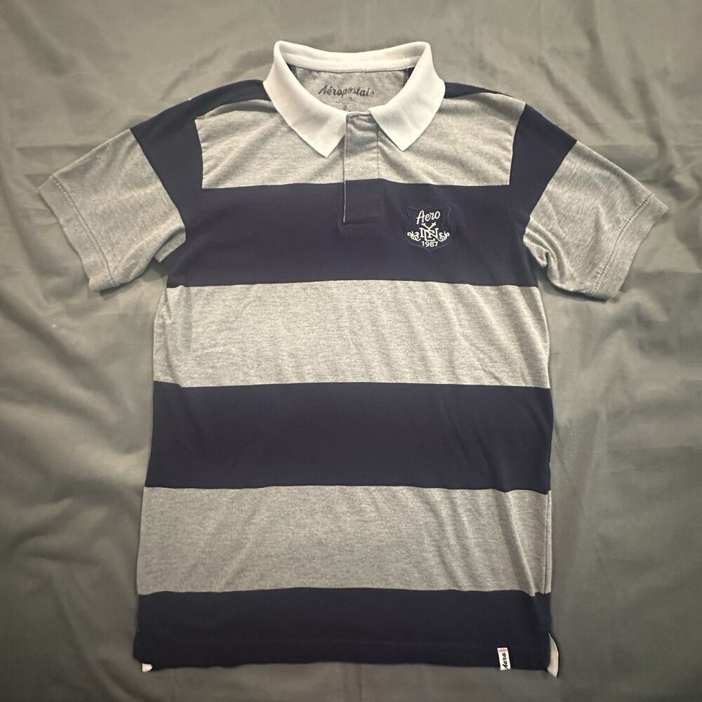 Aeropostale Rugby Polo Striped Short Sleeve Mens L Navy Blue Gray NYC 87 Crest